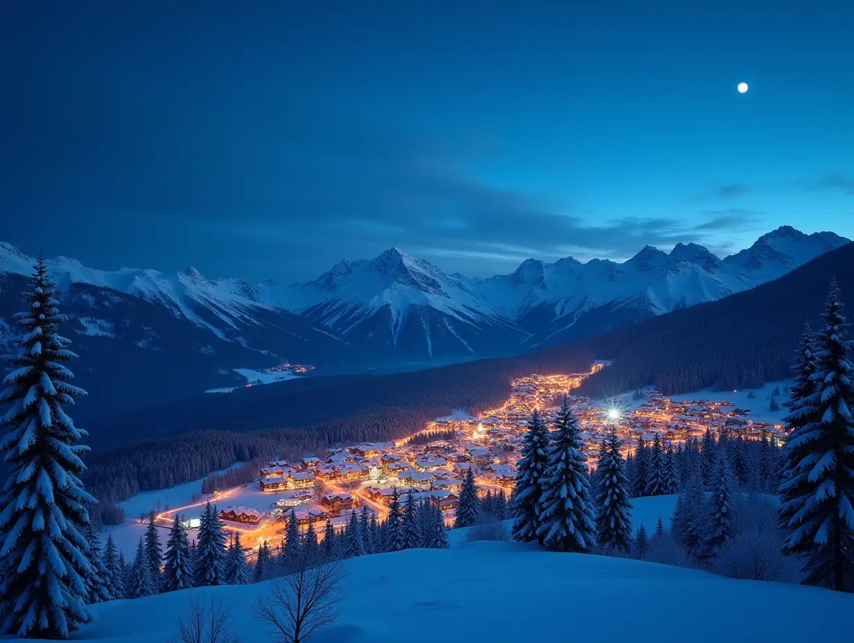 Winter-Wonderland-Ski-Resort-Panorama-Christmas-Night-Lights-and-Snowy-Village