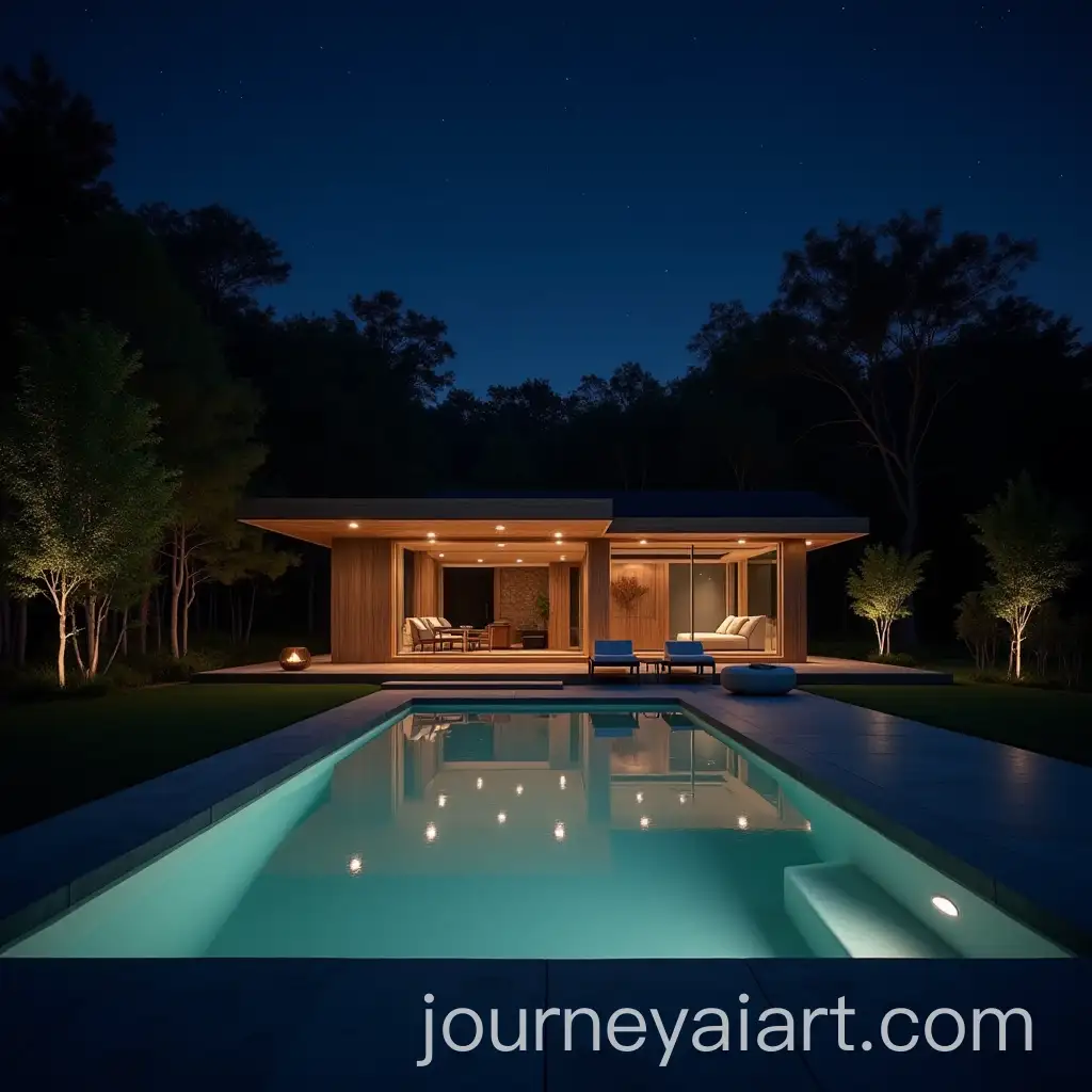 Modern-Bungalow-with-Private-Pool-at-Night-in-Forest-Setting