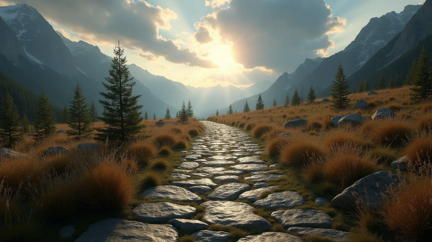 Forked Stone Path in Wilderness with Magnificent Sky