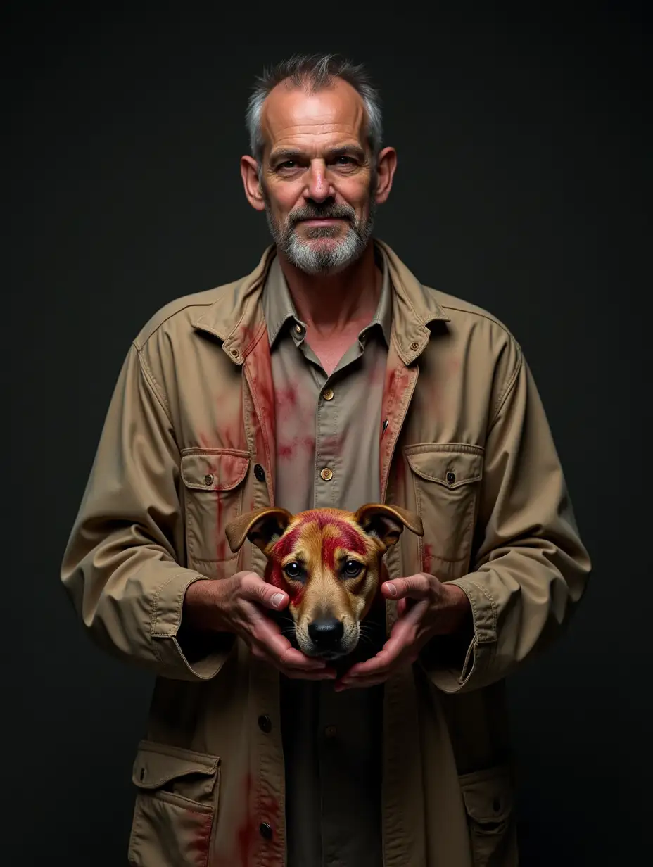 a man, clean-shaven, middle-aged, stands in bloodstained clothes with the severed head of a dog in his hands