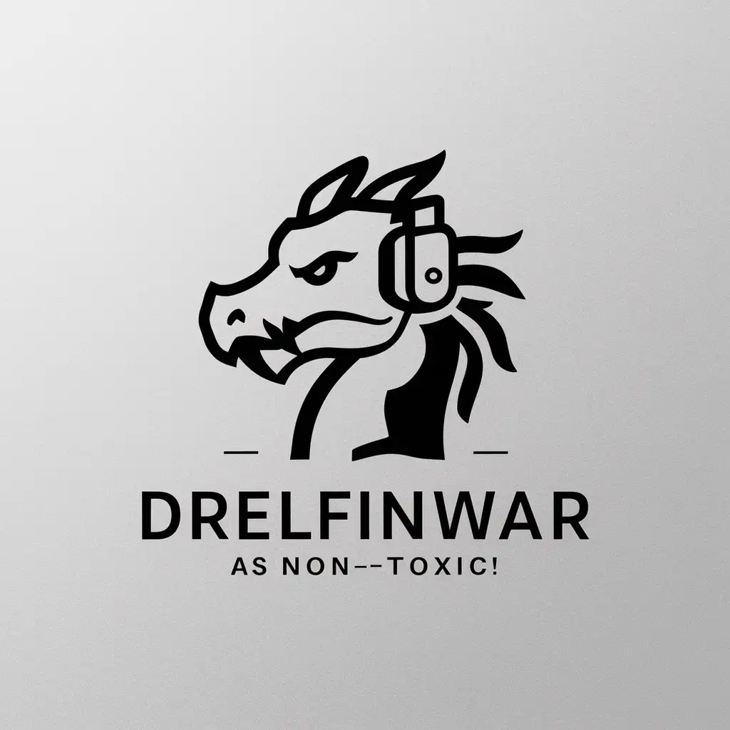 a vector logo design,with the text "Drelfinwar", main symbol:minimalist style, used as a logo for a streamer branding himself as non-toxic. dragon wearing a gaming headset,Moderate,be used in Entertainment industry,clear background