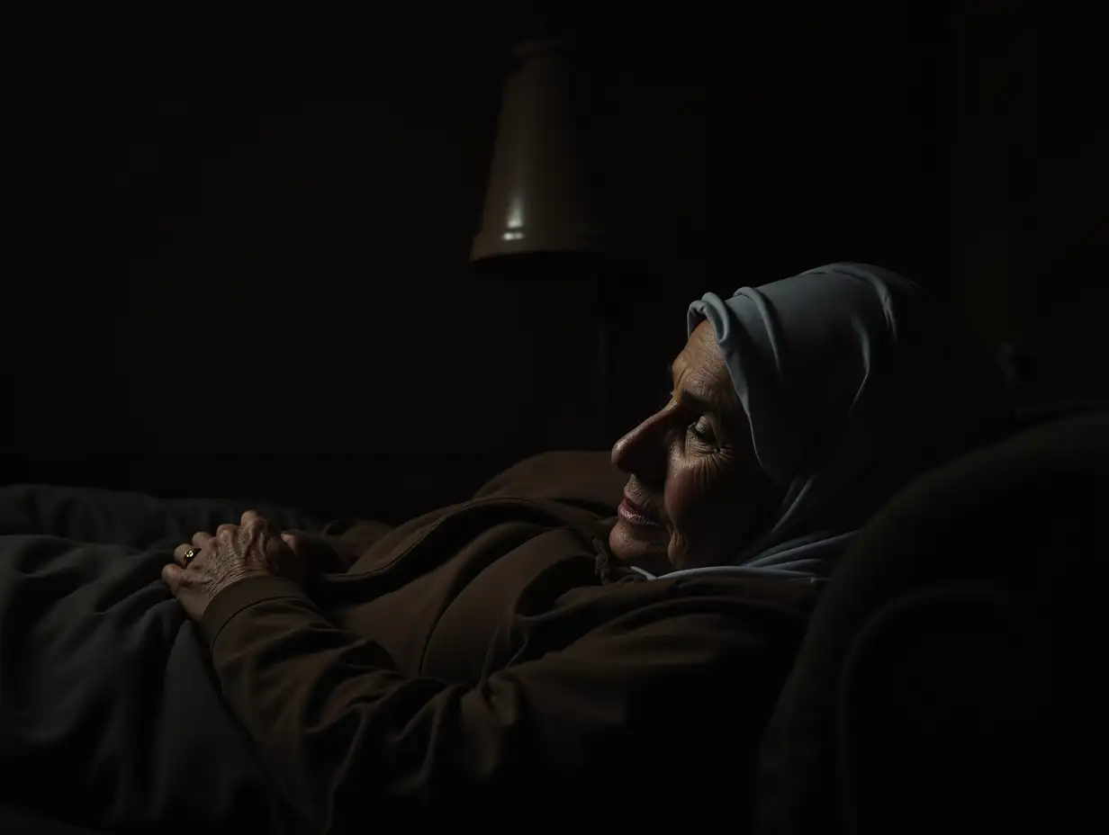 an old Arab woman sleeping in a dark room with a lamp nearby