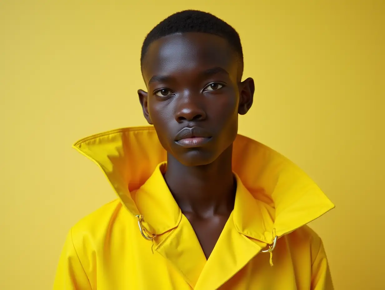 A hyperrealistic detailed image of an androgynous thin young male African Model with very short hair, yellow avant-garde outfit, Full body, High Fashion Shooting