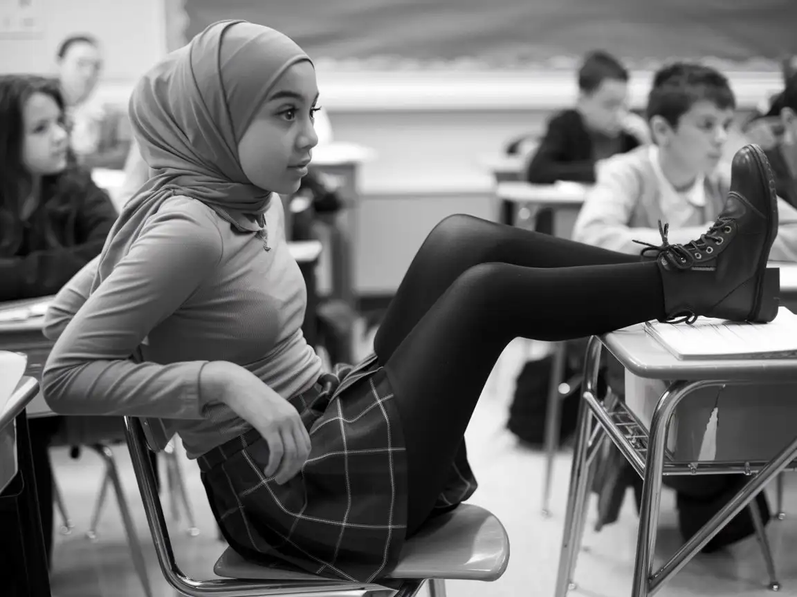 Elegant-Girl-in-Hijab-Sitting-on-Teachers-Desk-in-Classroom