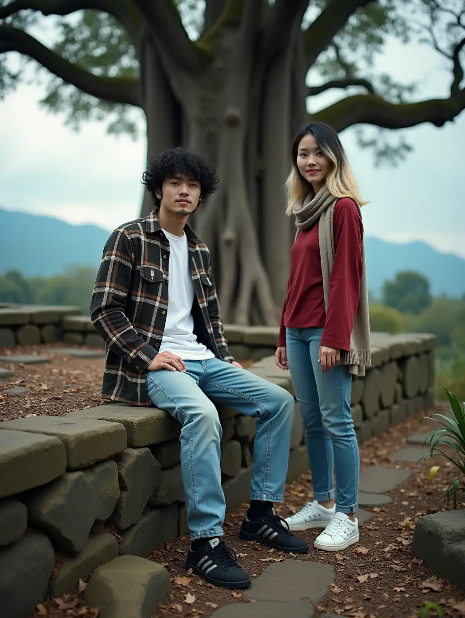 A cinematic photograph captures a 35-year-old Korean man with black curly hair that reaches his chin, sitting on a worn and mossy rock box from the ruins of an ancient temple. The rock is scattered with dry leaves and rocks, creating a rustic and weathered atmosphere. He wears a flannel shirt over a white t-shirt, paired with light blue jeans and black Adidas athletic shoes with silver stripes. His gaze is warm, yet contemplative, as he looks directly at the camera, exuding a peaceful presence amidst the ruins. Next to him, standing with a slight distance beside the rock box, is a beautiful woman, 25 years old, with black hair mixed with blonde highlights. She wears a red t-shirt with a sweater wrapped around her neck, along with jeans and white sneakers, her expression equally warm and inviting. Behind them, a towering banyan tree stretches toward the sky, its dense roots and branches adding a mystical quality to the scene. Blackish-gray clouds hover above, adding drama to the atmospheric mood, while the distant majestic mountains frame the background, enhancing the sense of vastness and tranquility. The image blends natural beauty with a cinematic ambiance, capturing a moment of connection between the two individuals in an ancient, serene setting. Their warm expressions contrast with the grandeur of nature and the power of the surrounding landscape. The lighting is soft, with a slight glow, making the scene feel both timeless and intimate.