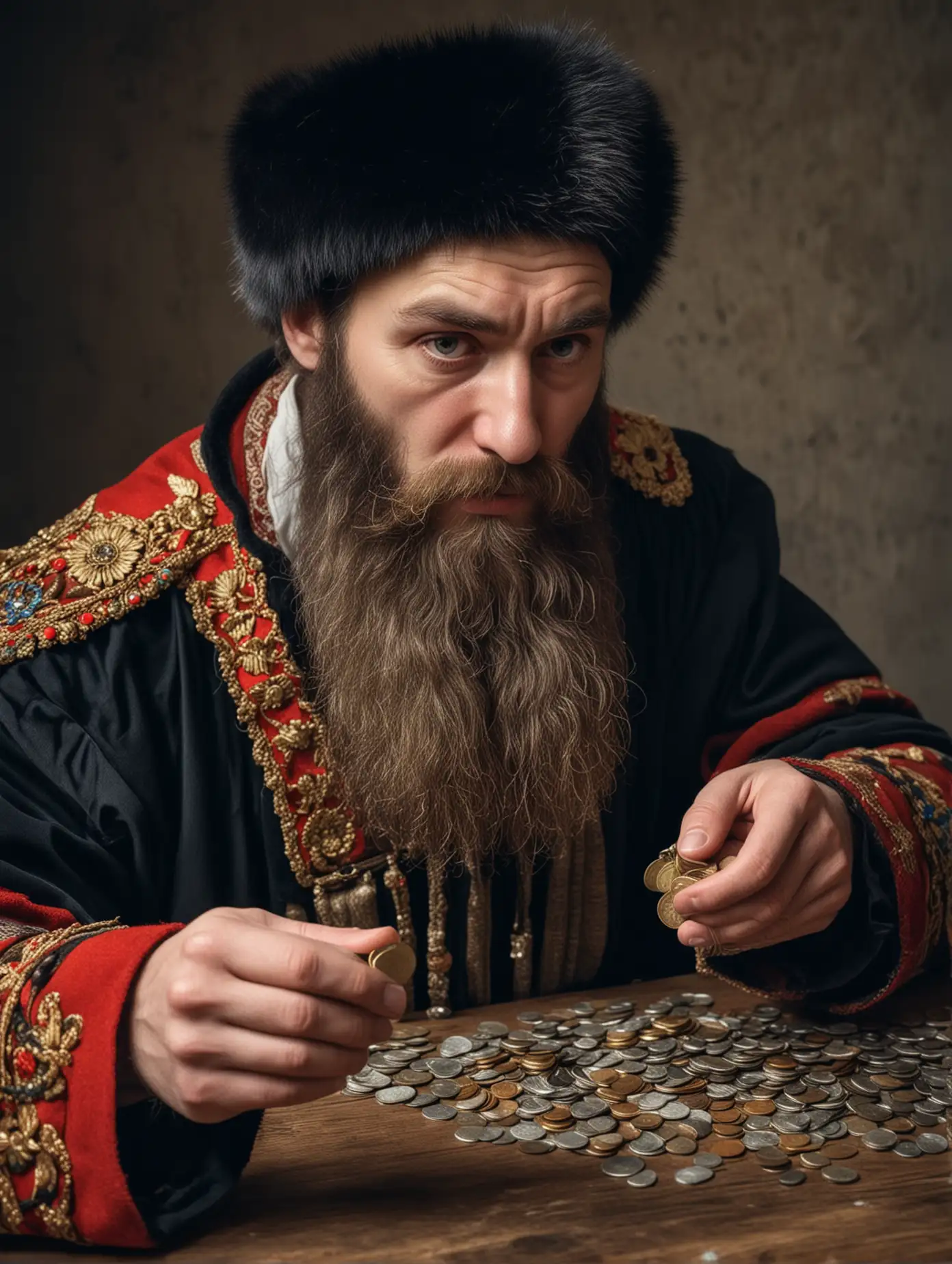 A man in traditional Russian clothing hands coins to an official as a beard tax, with disappointment and sadness on his face.