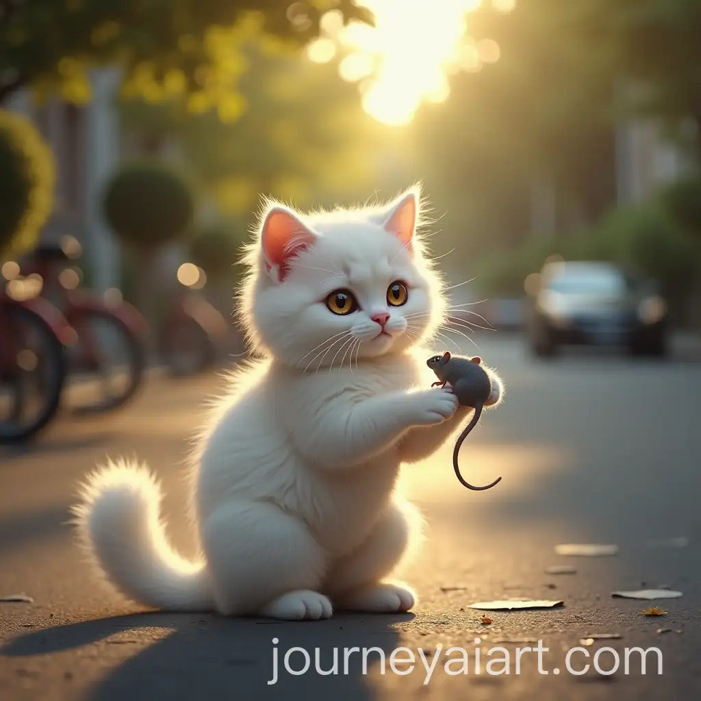 FluffyAI-Image-Prompt-Expansion-White-Cat-Playfully-Holding-a-Gray-Mouse-on-a-Quiet-Sunlit-Street