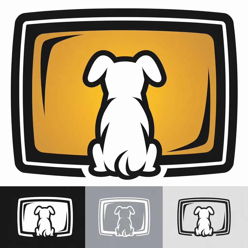 a vector logo design,with the text "TV", main symbol:A little white dog sits in front of a television and watches TV. The dog has no overlap with any other lines, and it is displayed alone. The color of the picture should be all black.,Moderate,clear background