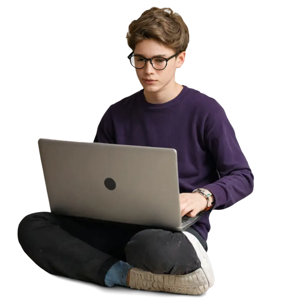 Teenager-Working-on-Laptop-with-Wearing-Specs-PNG-Image