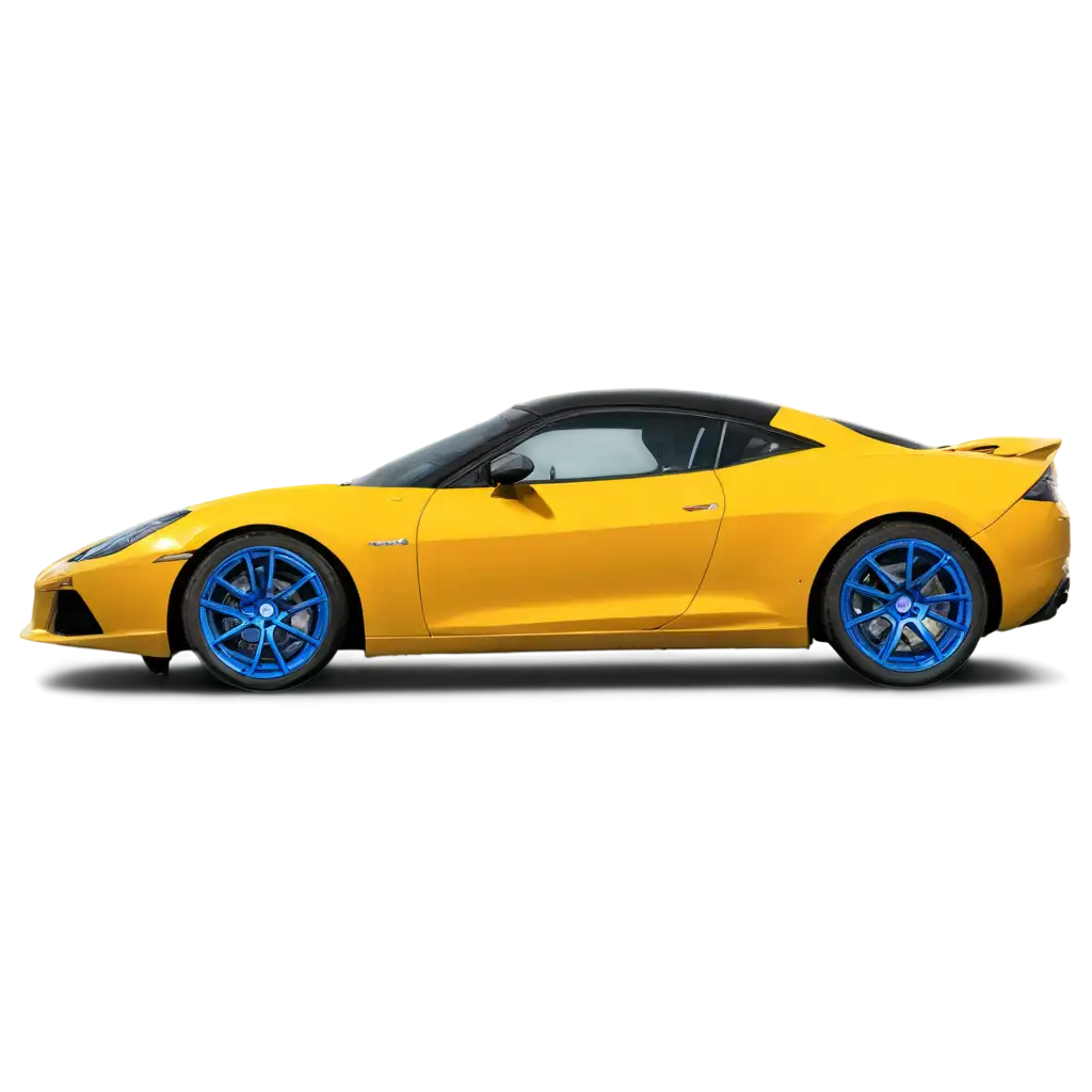 Yellow sports car sided view facing right with blue wheels