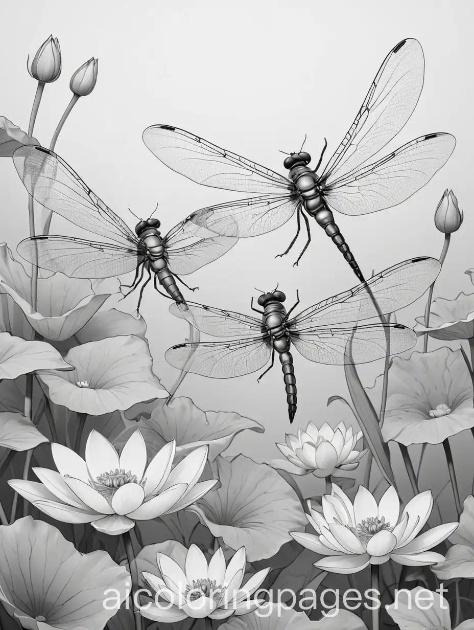 Cute dragonflies and lotus flowers, Coloring Page, black and white, line art, white background, Simplicity, Ample White Space. The background of the coloring page is plain white to make it easy for young children to color within the lines. The outlines of all the subjects are easy to distinguish, making it simple for kids to color without too much difficulty