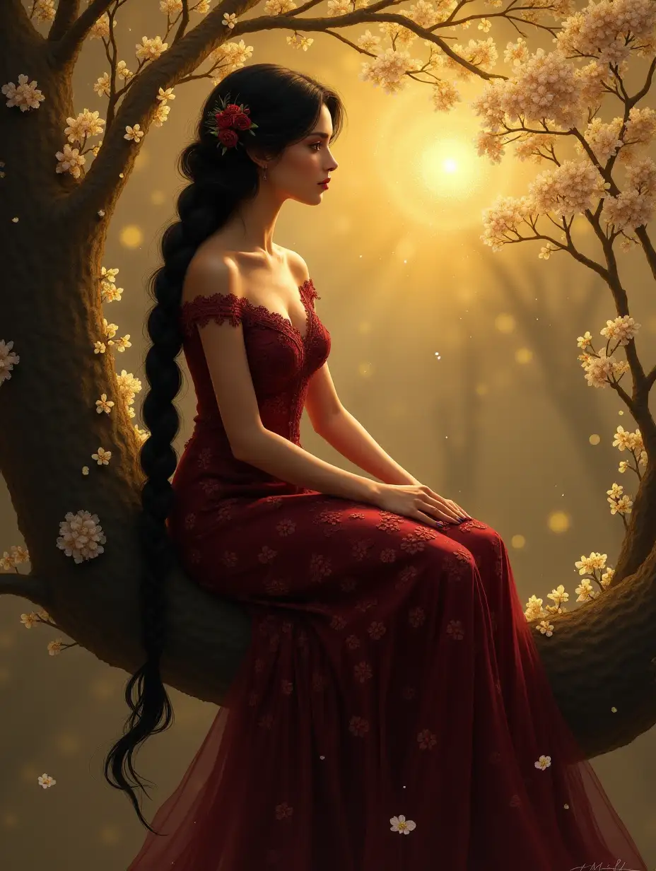 Fantasy Illustration of Elegant Woman Listening to Whisper of Wishes on Floral Tree Branch