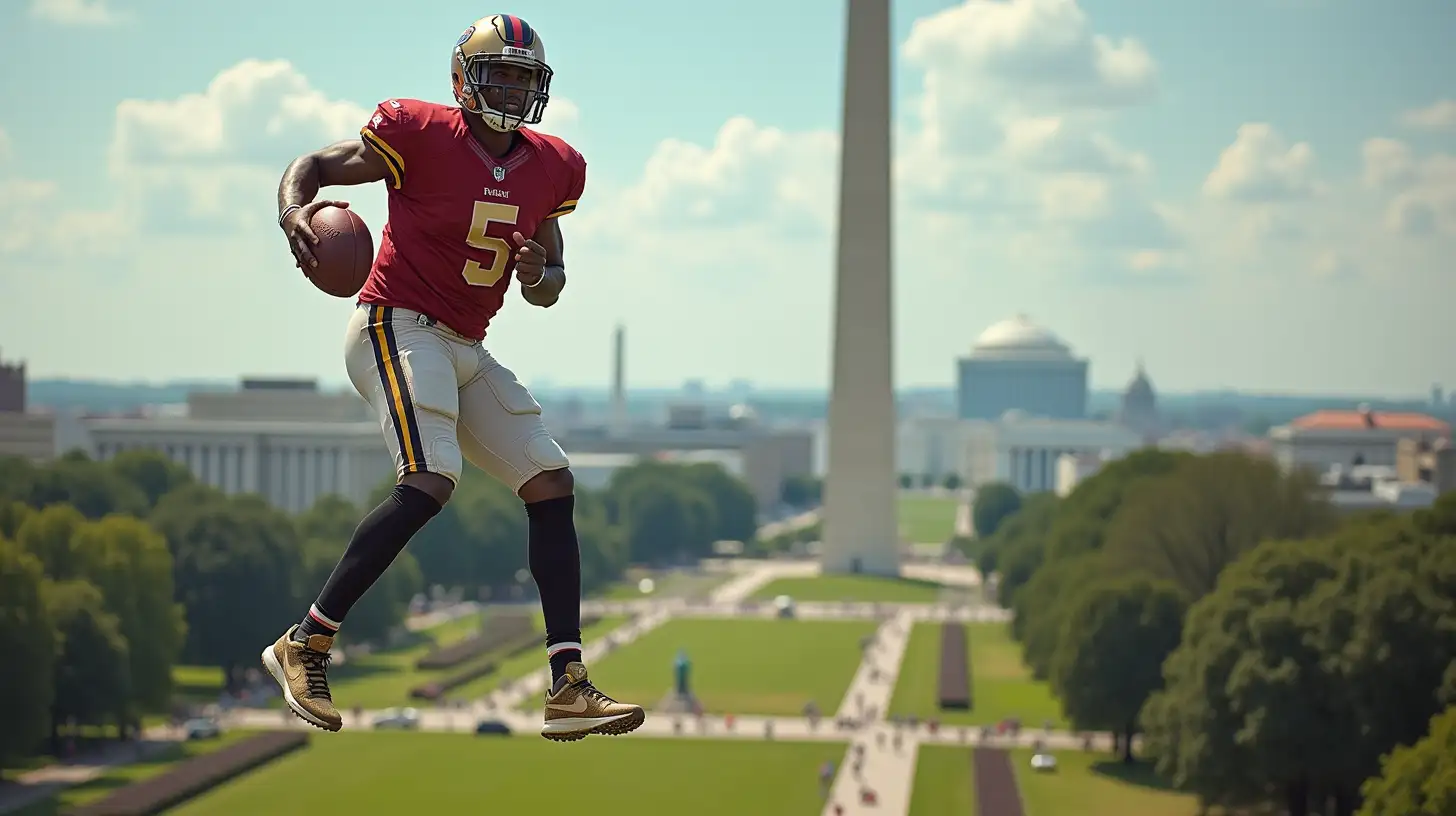 Giant Football Players Towering Over Miniature Washington DC