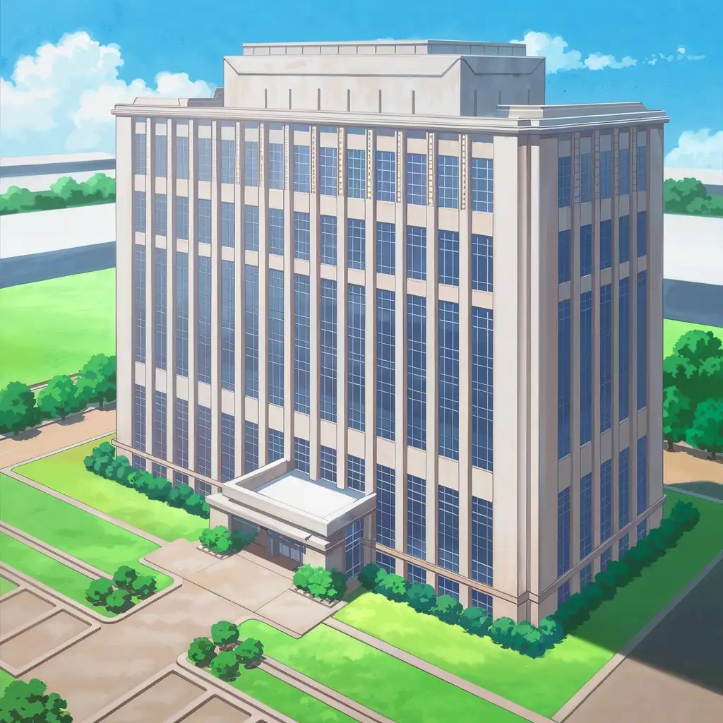 Create an anime-style illustration of a tall, modern office building with detailed architecture, using thick lineart and flat colors. The building features large, evenly spaced windows along its height and distinct vertical ridges that add depth to its facade. The rooftop includes subtle, geometric structures, and the base of the building has a small entrance section with surrounding greenery. The building is surrounded by manicured lawns, trees, and simple, angular pathways that follow a structured layout. The scene captures a bright, sunny day with a clear blue sky and a few stylized clouds. Use an elevated diagonal perspective to showcase the building's structure and detailed elements, while keeping shading minimal to emphasize the flat, clean aesthetic