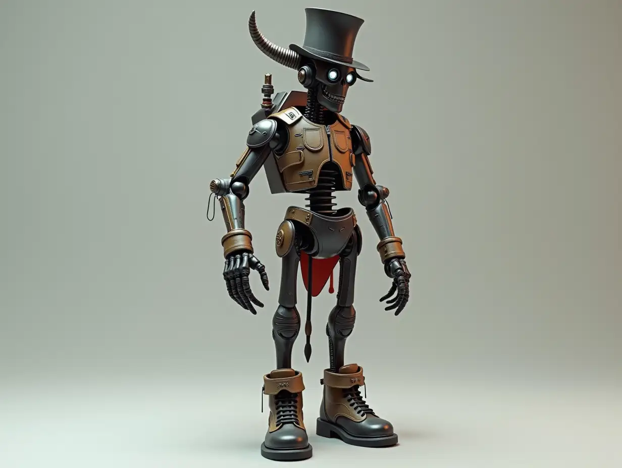 Create a high-resolution, realistic image of a robot with a skeletal body, leather boots, and a fashionable tracksuit, a top hat and a horn in 4K resolution