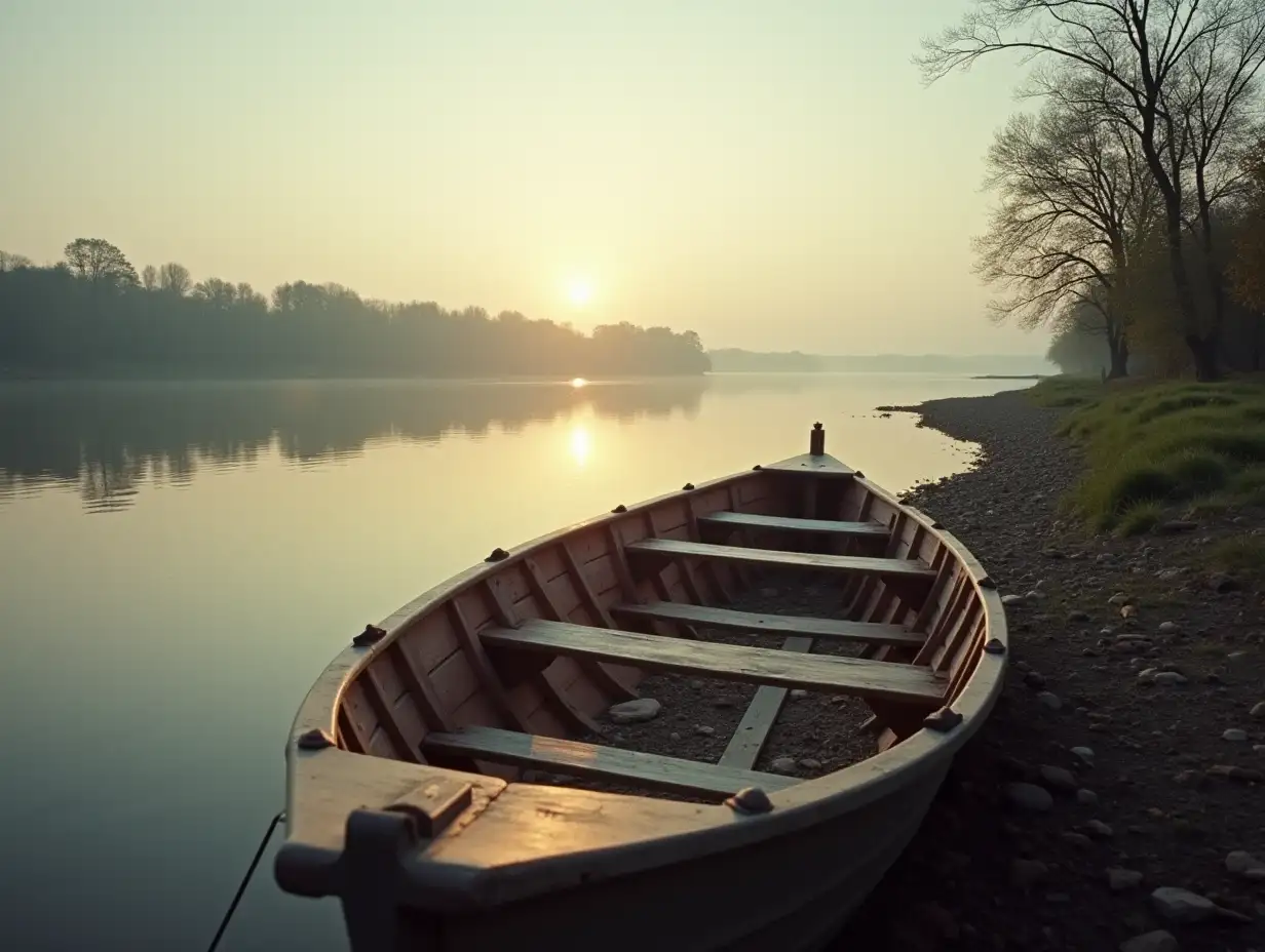 Color Germany 1945, Summer, dawn, River Elbe, extremely wide river, left bank not visible, right bank, empty shot boat, wood splinters