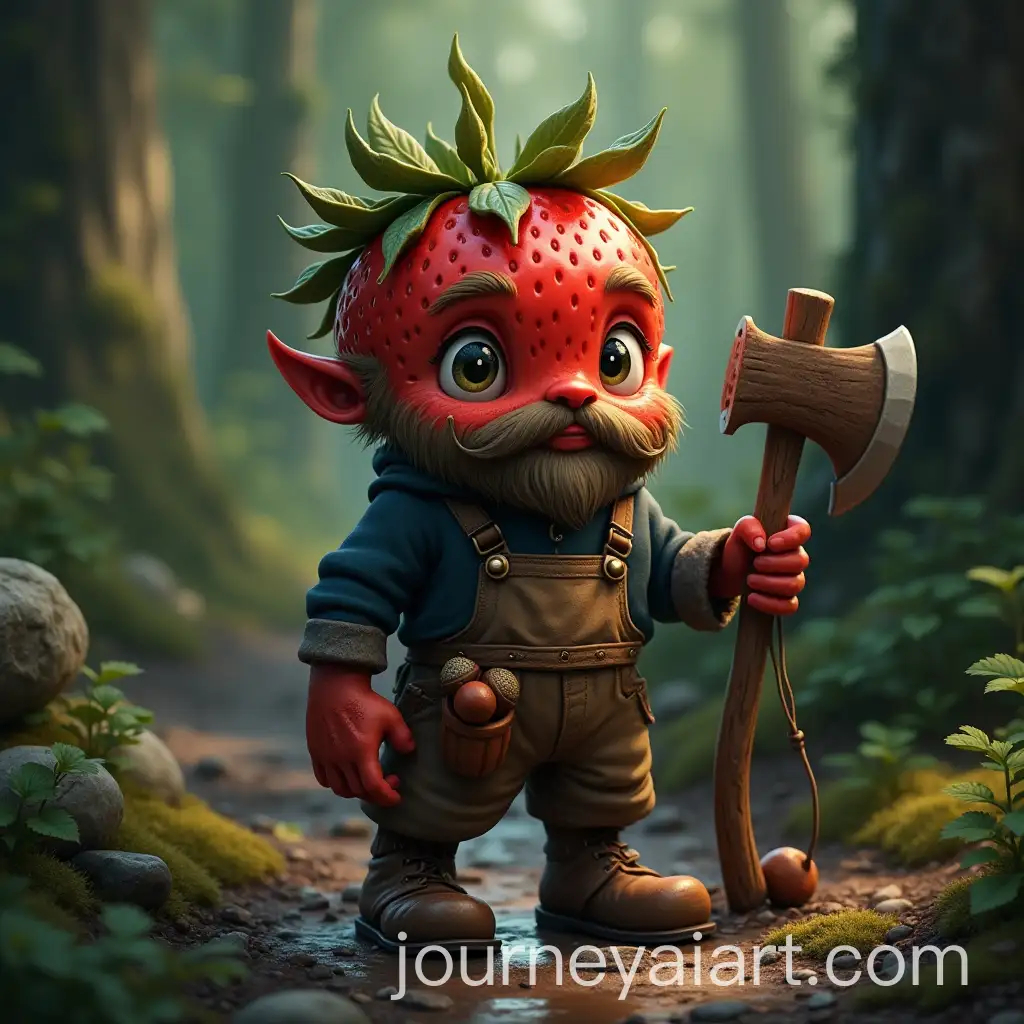 Anthropomorphic-Strawberry-Forest-Dweller-with-Rustic-Clothing-and-Tools