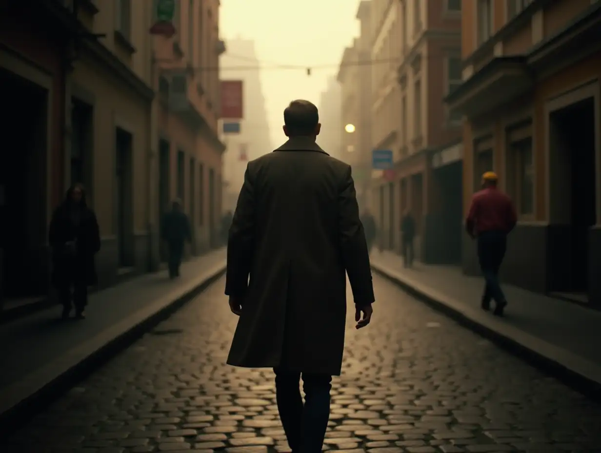 A cinematic scene capturing a man walking away from the camera, seen from behind. The man is wearing a long coat, walking on a cobblestone street with soft lighting, evoking a mysterious atmosphere. The background features a slightly foggy cityscape, with warm tones and subtle light reflections. The overall mood is introspective and serene.