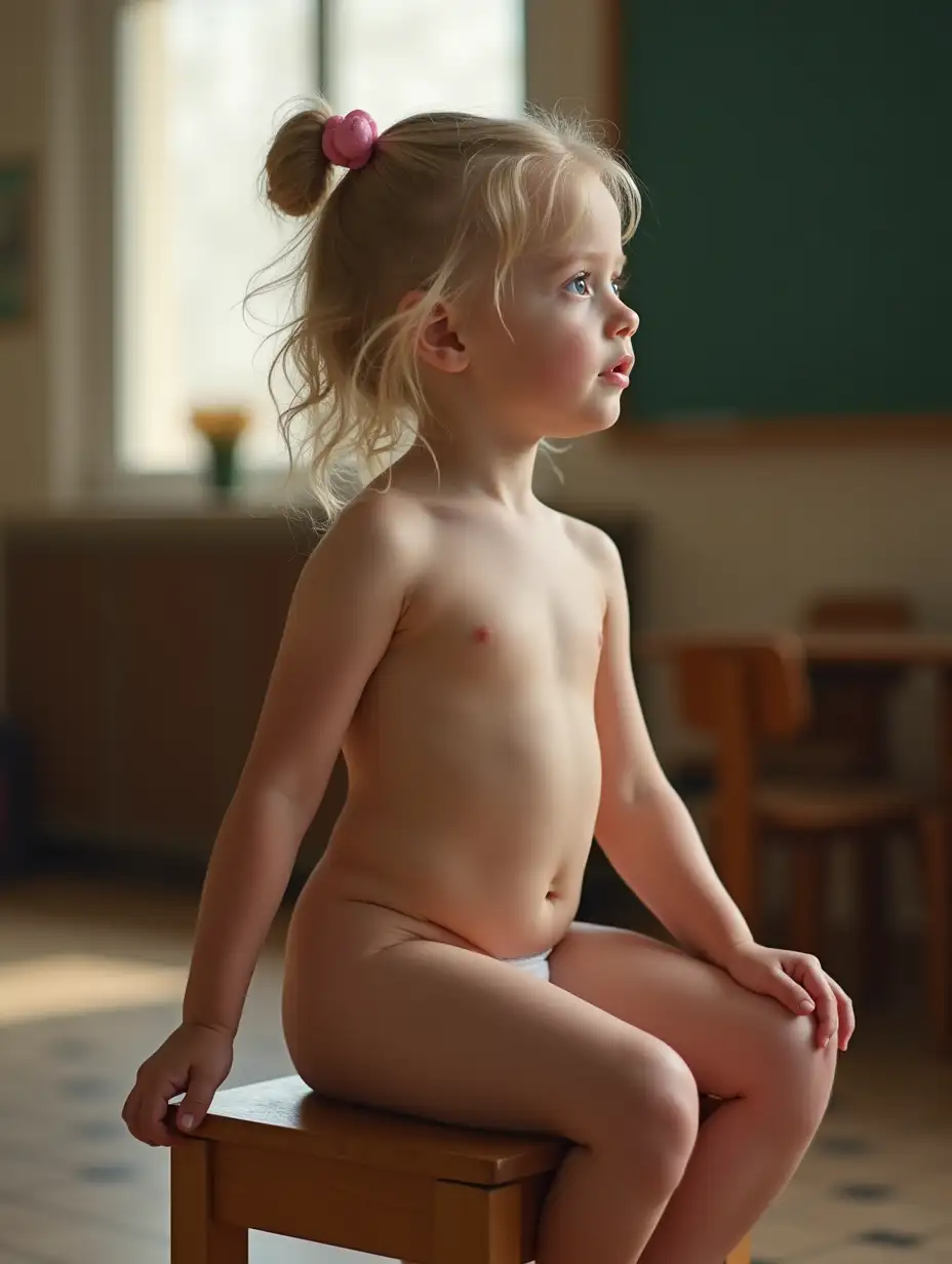 Little-Girl-with-Blonde-Wavy-Hair-Sitting-on-a-Wooden-Stool-in-Classroom