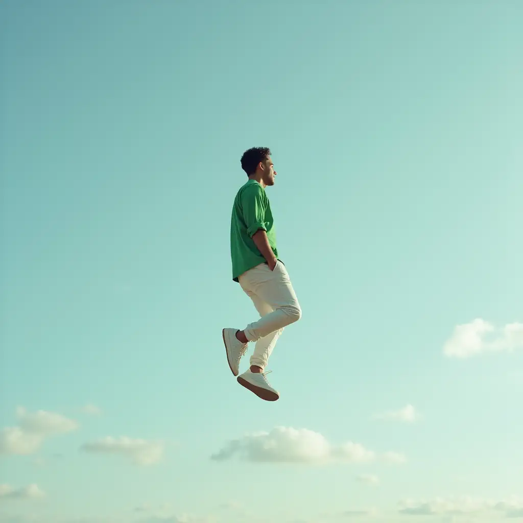 Guy floating in the sky wearing a green shirt, white pant and white sneakers looking the opposite angle of the screen