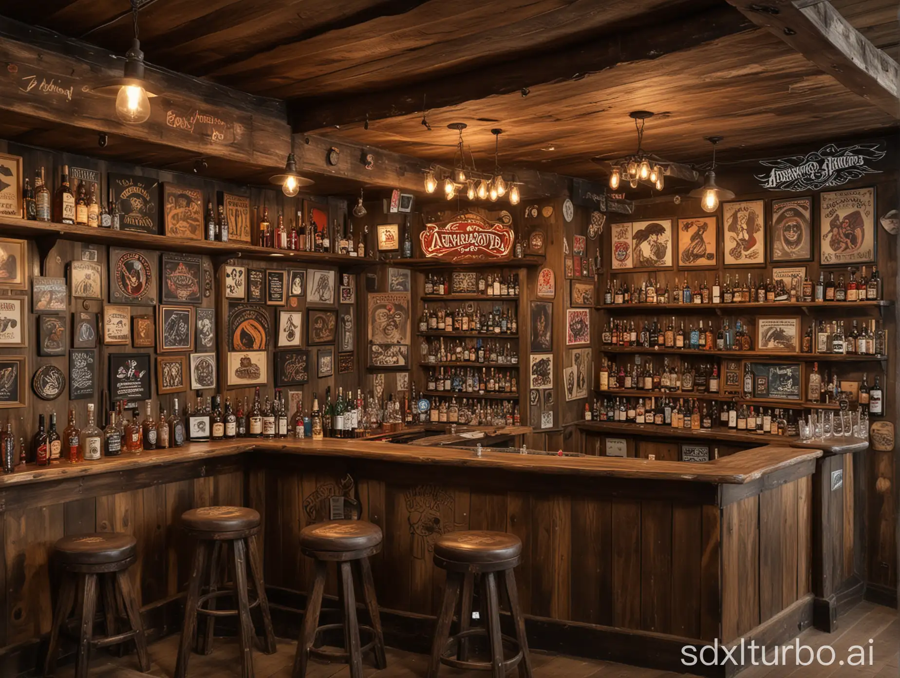 A bar with rustic wooden shelves, lots of whiskey bottles, classic rock paintings, a large Aerosmith band emblem on the wall, rock album covers on the wall, 5 tables with stools.