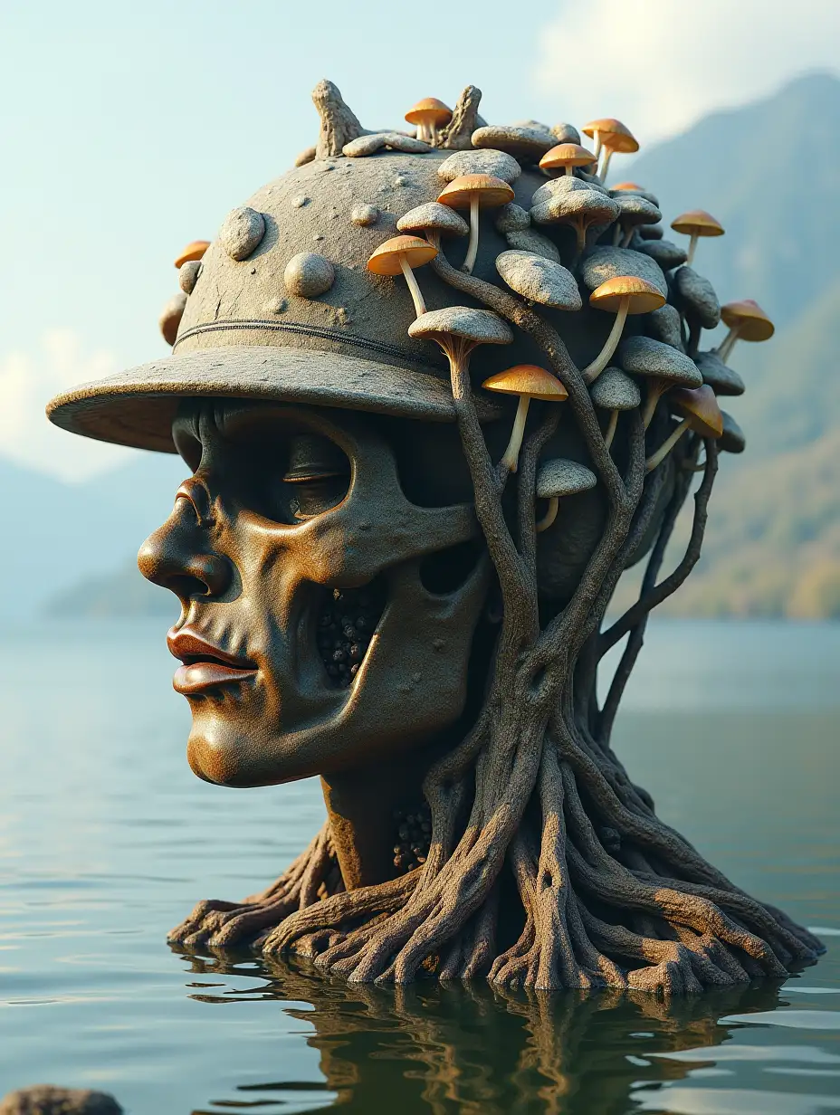 Head with helmet, stones, mushrooms, roots, bones transformed into a building at the lake