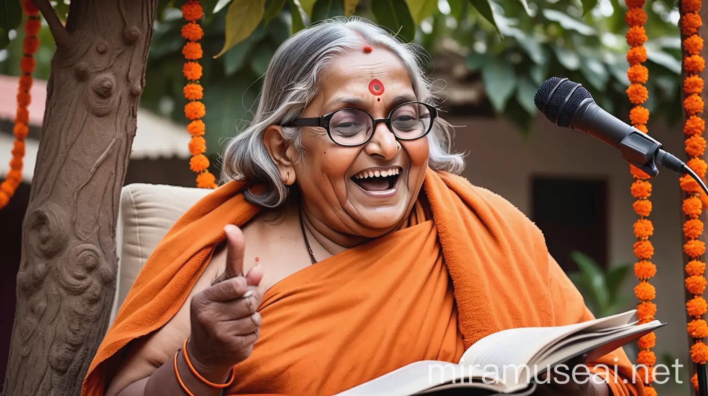 Elderly Hindu Woman Monk Giving Spiritual Speech Outdoors