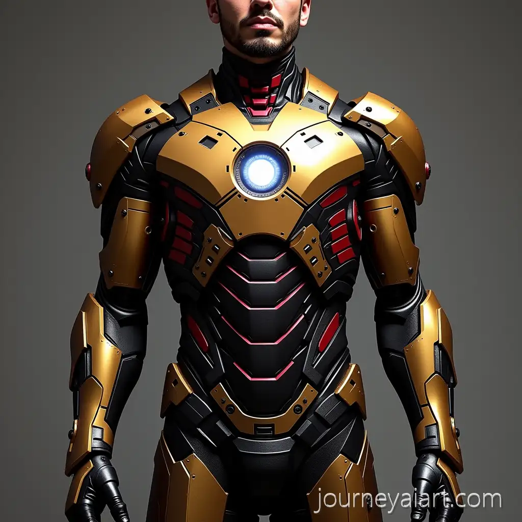 Shirt-Transforming-into-Advanced-Gold-and-Black-Iron-Man-V43-Suit-with-Red-Accents