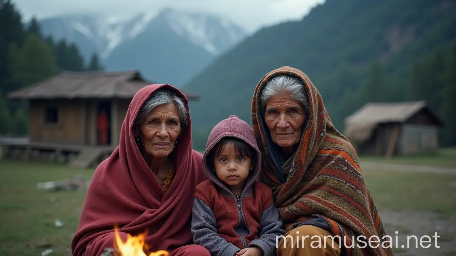 Pahadi Women and Child Gathering by the Bonfire in Uttarakhand Winter