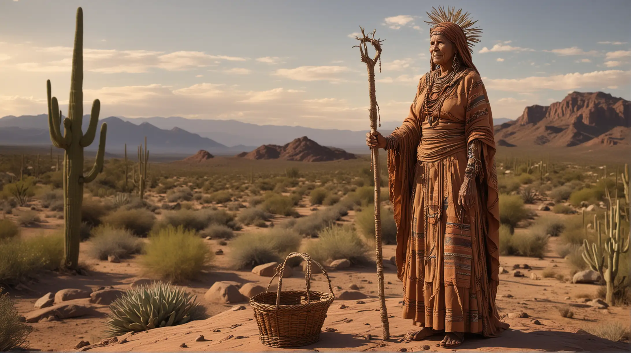 Desert Guardian Elder Woman Sculpture in Copper at Sunset