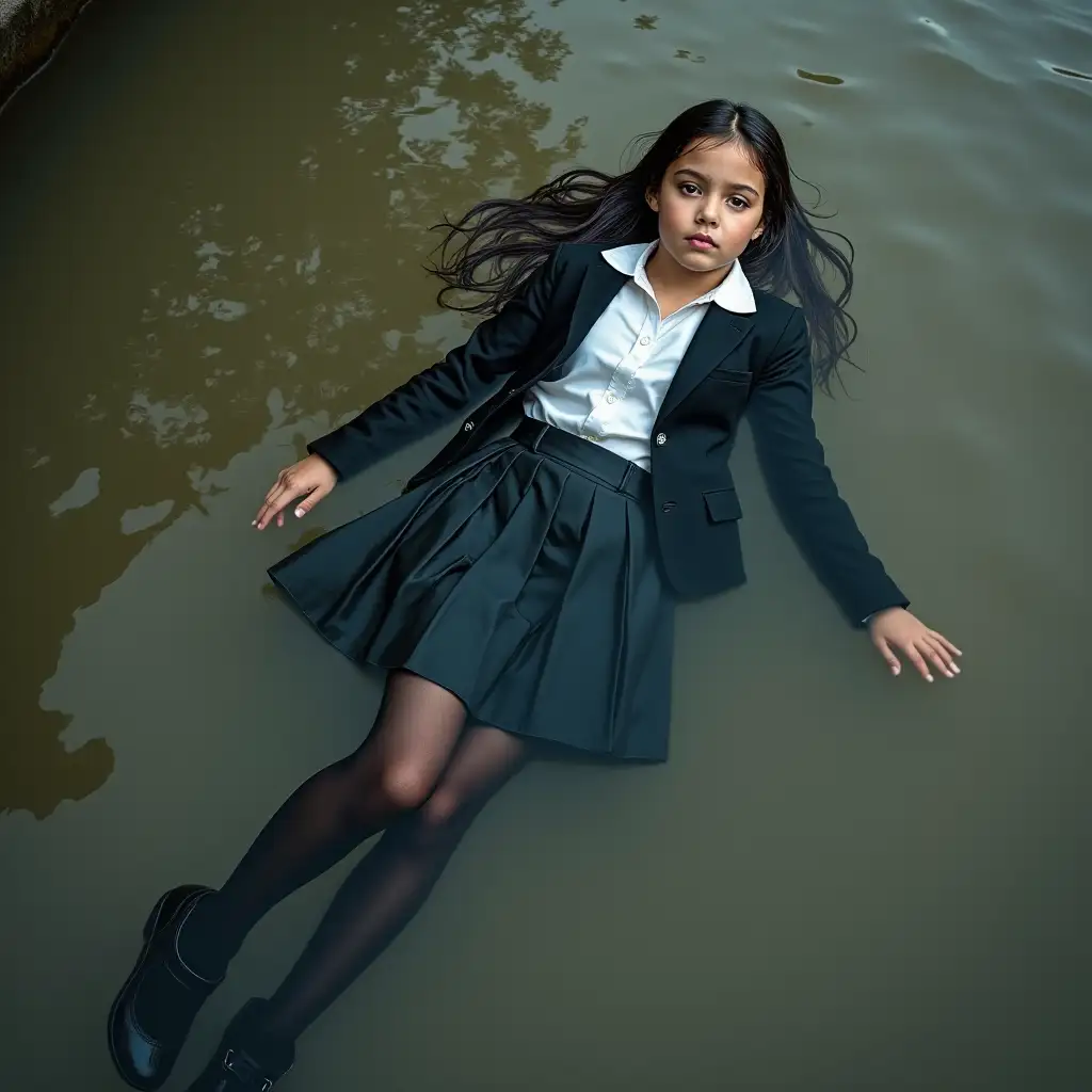 A young schoolgirl in a school uniform, in a skirt, jacket, blouse, dark tights, high-heeled shoes. She is swimming in a dirty pond, lying under water, all her clothes are completely wet, wet clothes stick to her body, the whole body is under water, submerged in water, under the surface of the water, below the water's edge.