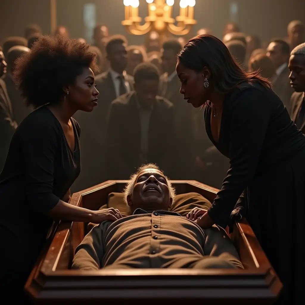 dead old black man in a coffin and two black women talking to each other at funeral with lots of black people