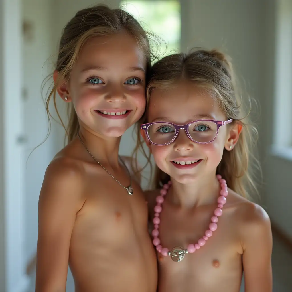 Young-Girl-with-Shiny-Skin-and-Glasses-in-Bathroom-on-Carpet-with-Pink-Necklace-and-Foot-Lace