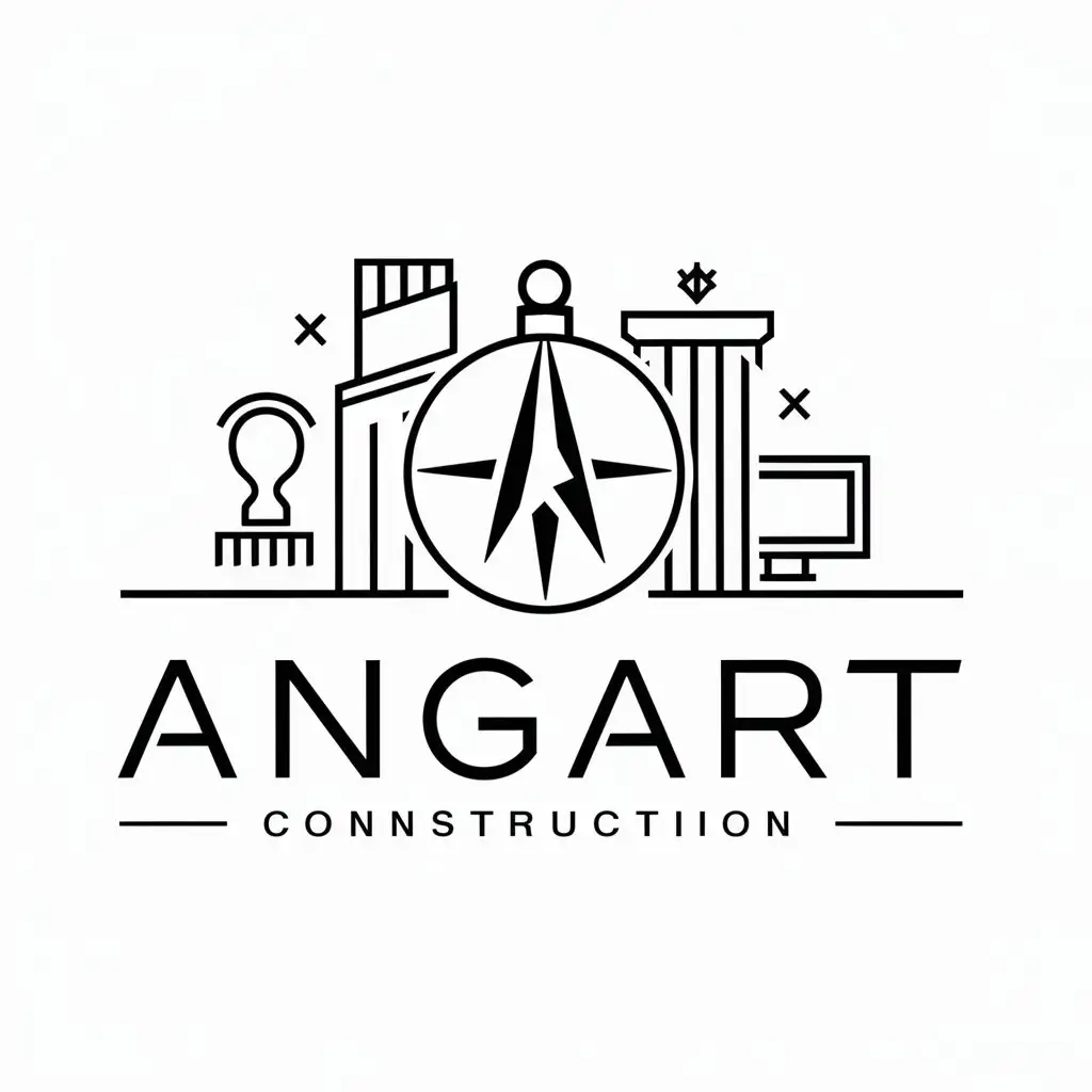 a logo design,with the text "Angart", main symbol:Compass, building, column, stamp, monitor,Minimalistic,be used in Construction industry,clear background