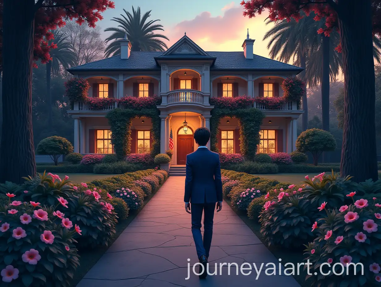 Young-Man-in-Dark-Suit-Walking-Toward-Colonial-House-with-Bougainvillea-and-Flower-Garden