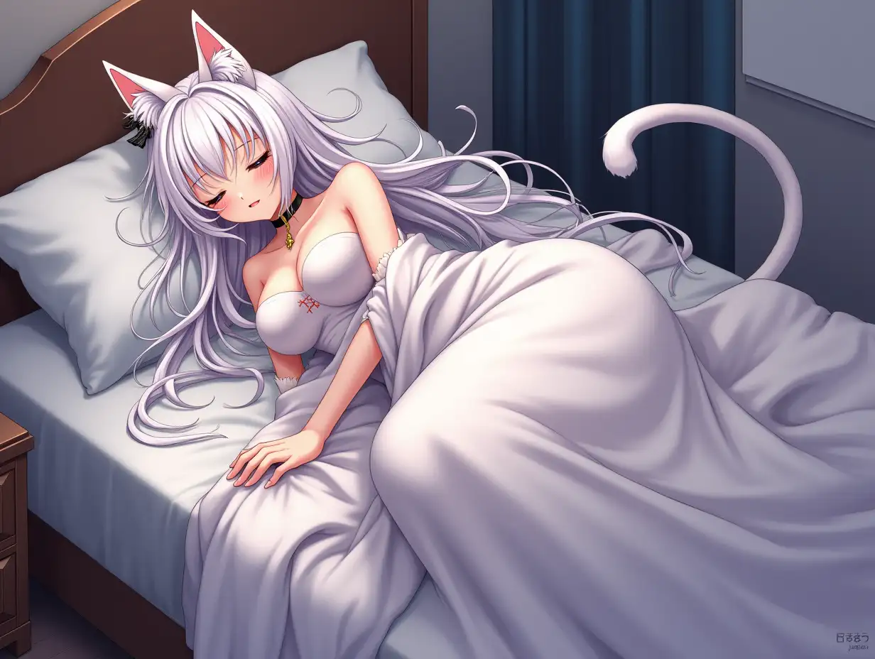 Anime mature adult lady cat with a very tall skinny body who looks like she is in her 30's with big breast, extreme cleavage, blue eyes, a choker around her neck, long white hair, cat canine teeth, and white cat ears with black and gold earrings on her head, and an attached to lower back cat tail. She is in her bed with a storage chest at the foot of bed, knocked out asleep. Her hair is wild and messy as she toss and turn with her blanket covers falling off her and the bed with full body view of her as her feet kick the last of the covers off. She is asleep with both eyes closed.