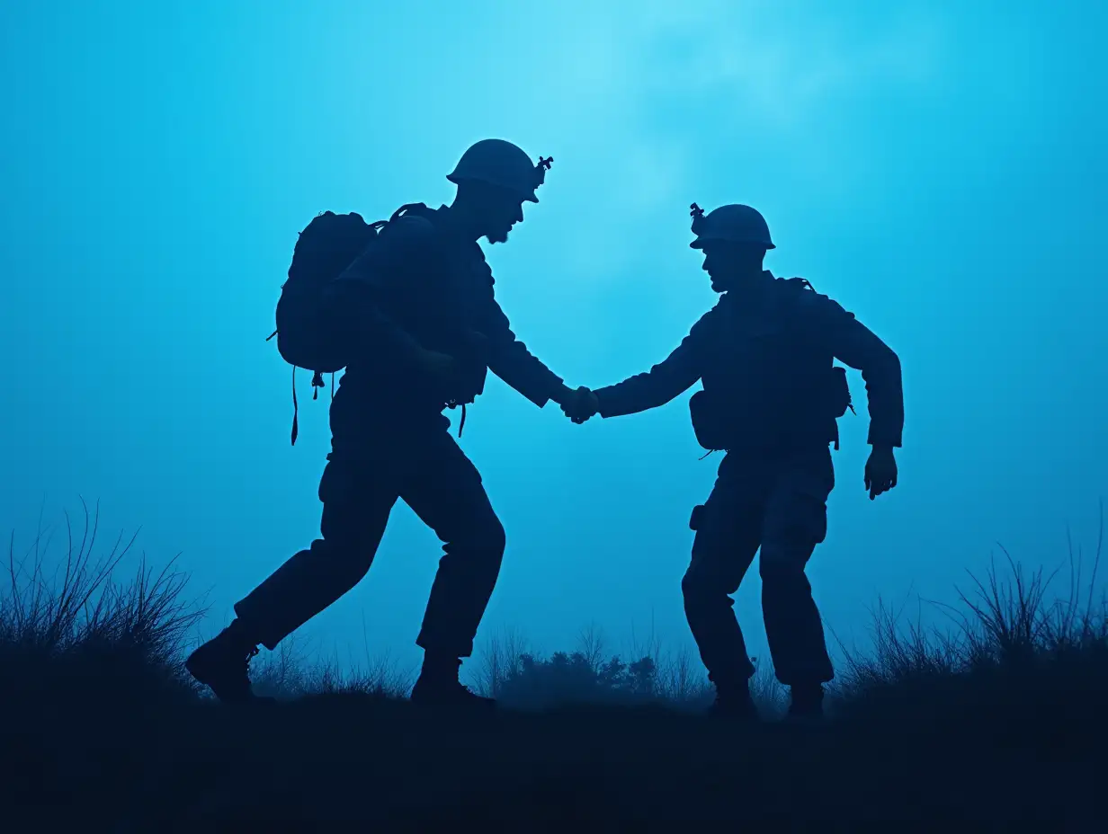 soldier silhouette on blue accent realistic environment helping another silhouette soldier by picking him up by giving him his hand , trying to help a fallen soldier get up