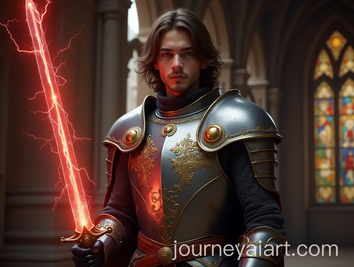 Young-Male-Warrior-in-Silver-Armor-Surrounded-by-Red-Lightning