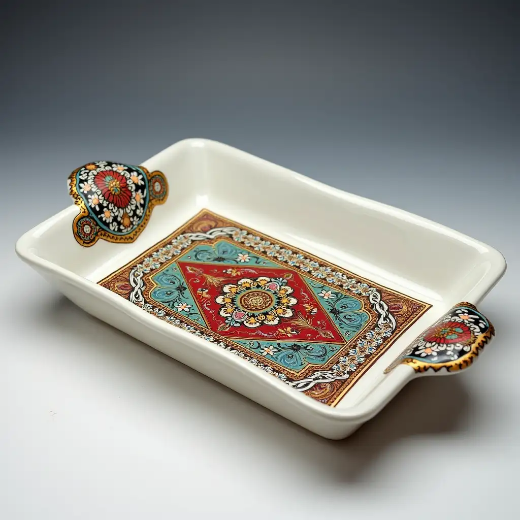 Bracketed rectanglere with rounded corners ceramic serving dish with embossed beautiful ceramic handle, Underglaze painting on white body, Fine art, Hyper detailed, Antique and old, Qajar art, Iranian Tabriz carpet design