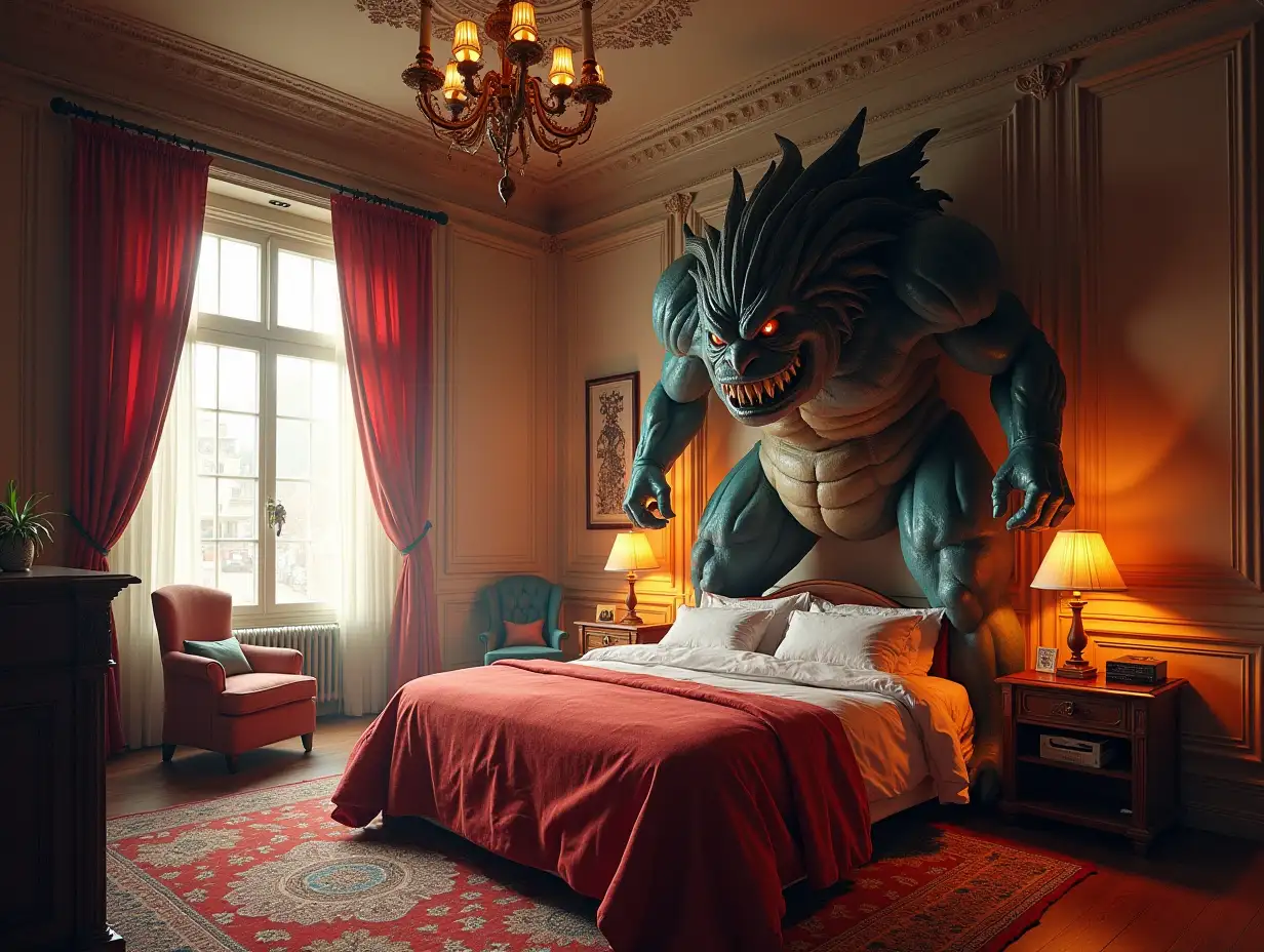 a very large bedroom with a statue of the attack on titan monster in 180 degree panoramic shots 8K resolution vibrant colors