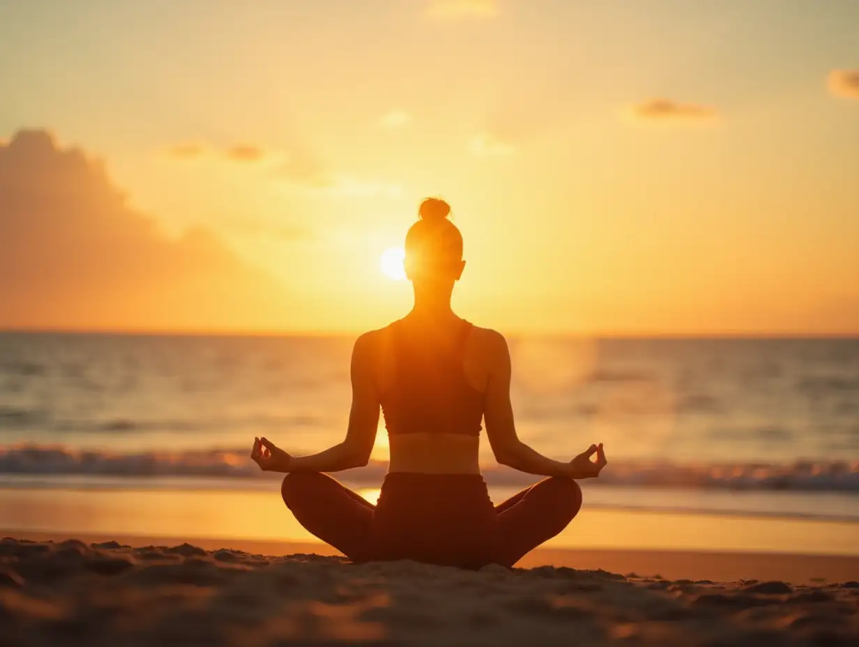 Woman-Meditating-in-Lotus-Position-on-the-Beach-at-Sunset-with-Calm-OceanAI-Art-Prompt-Expansion-and-Golden-Horizon