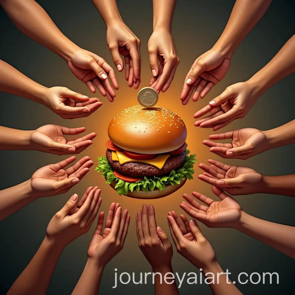 Crowd-Funding-Concept-Burger-Surrounded-by-Hands-Holding-Coins