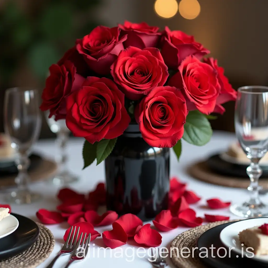 Red-Bottle-Roses-Bouquet-on-a-Table-with-Glasses-and-Black-and-White-Cutlery