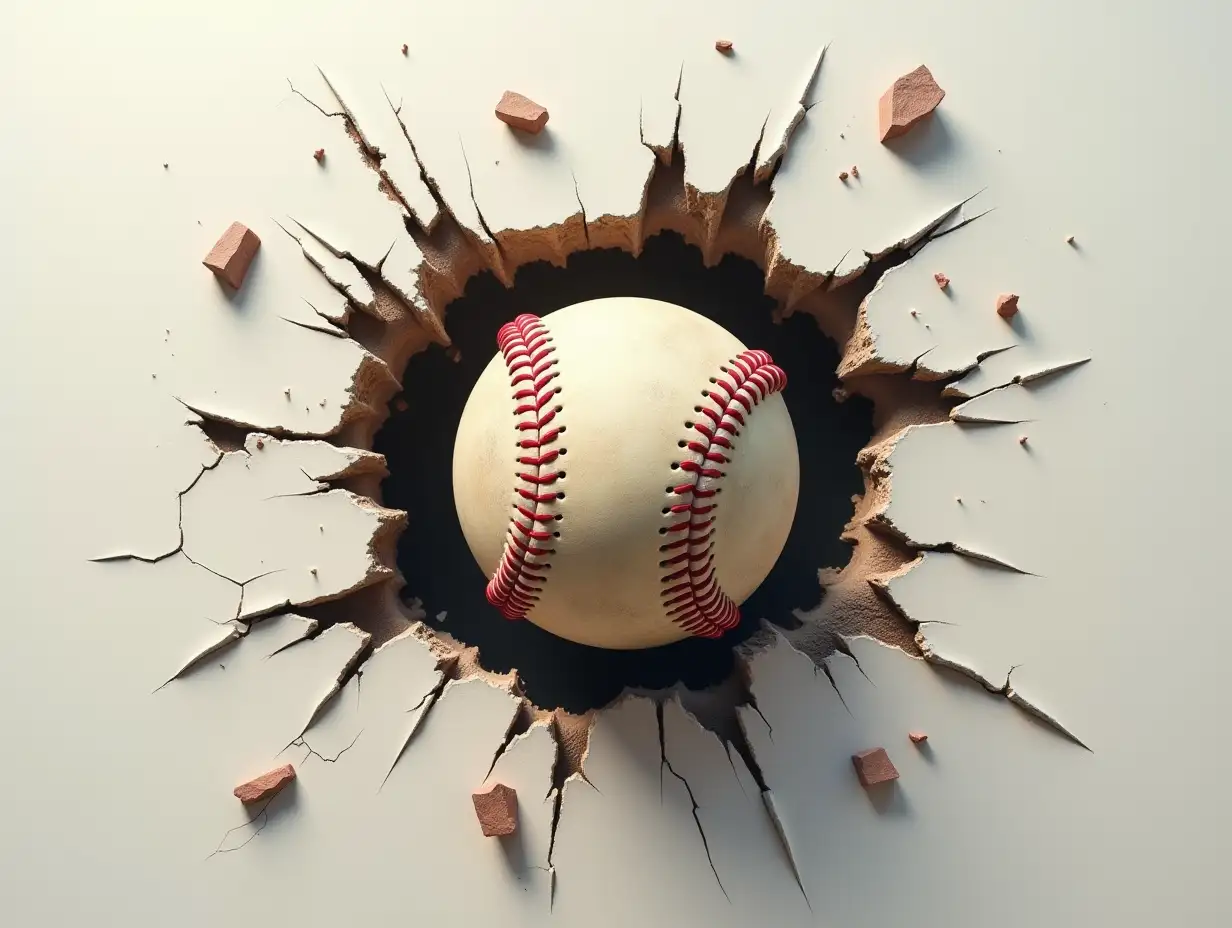 A realistic baseball bursting through a cracked wall, with pieces of debris flying outward. The ball appears slightly worn, with red stitching clearly visible. The background is neutral, emphasizing the dramatic impact effect. Dynamic lighting and shadows enhance the depth and realism.