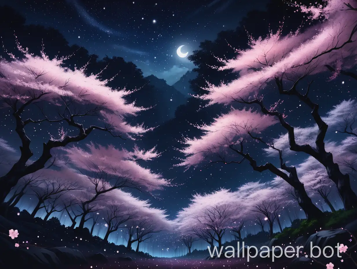 a dark night with a sky full of stars and a forest of sakura trees in foreground