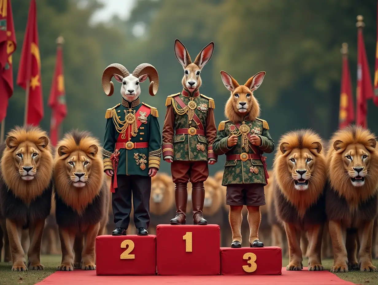 Podium, on the podium there are a ram, a donkey and a hare in luxurious uniforms. Before the podium they march in neat ranks lions, in simple identical military uniforms.