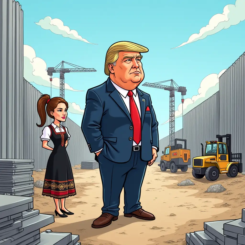 Cartoon image, a confident Donald Trump stands on a bustling construction site, clad in a navy suit, red tie, standing next to a woman dressed in a traditional Russian dress , overseeing the ambitious border wall project. In the background, heavy machinery like cranes and forklifts operate under a bright blue sky, with workers moving about diligently. Surrounding him, stacks of concrete blocks and steel beams illustrate the monumental scope of the undertaking, emphasizing his role in this significant endeavor.