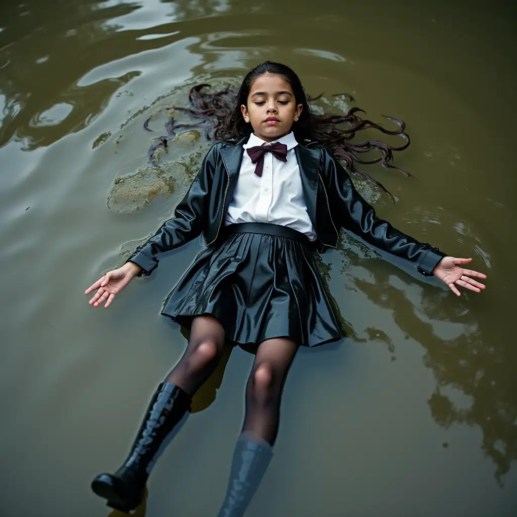 A schoolgirl in a school uniform, with a skirt, jacket, blouse, dark tights, high-heeled shoes. Swims in a dirty pond, clothes are completely wet, under water, lying fully in the water, complete soaking, wet clothes stick to the body, immersion in water.