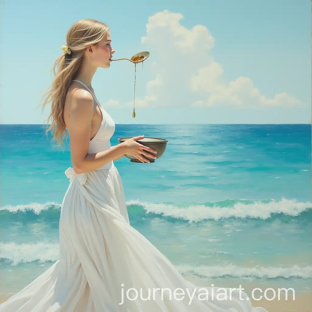Beautiful-White-Lady-Standing-by-the-Sea-with-Painted-Pot-and-Spoon-Reflection