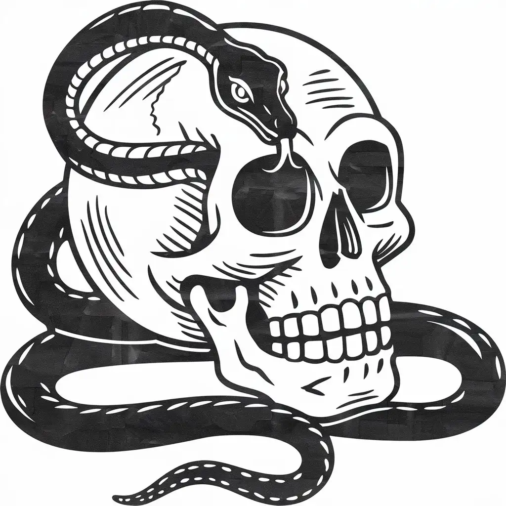 Skull and Snake in Vintage Cartoon Style Drawing